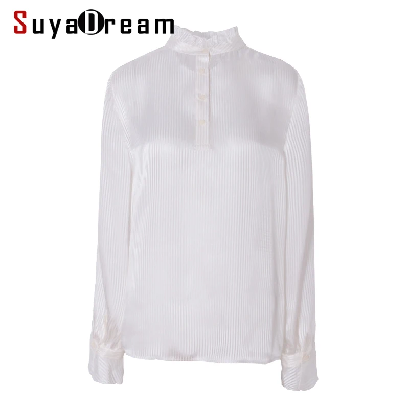 SuyaDream 100% настоящие шелковые белые блузки Женский полосатый воротник-стойка с