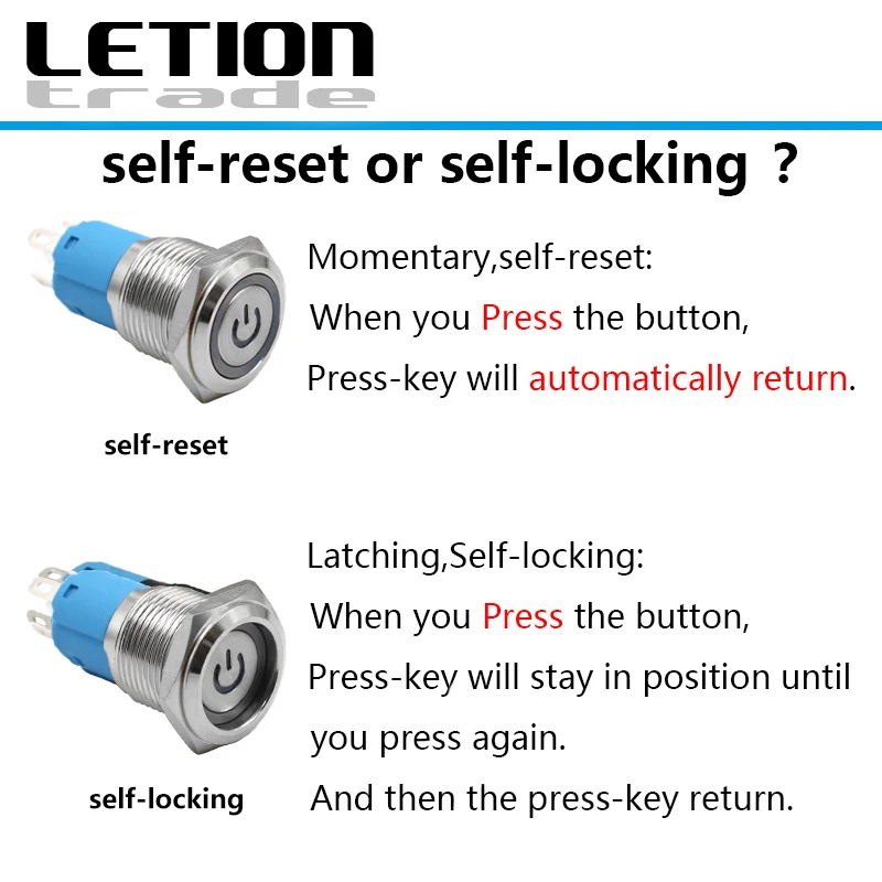 В коробке 10 шт. металлический водонепроницаемый кнопочный переключатель со