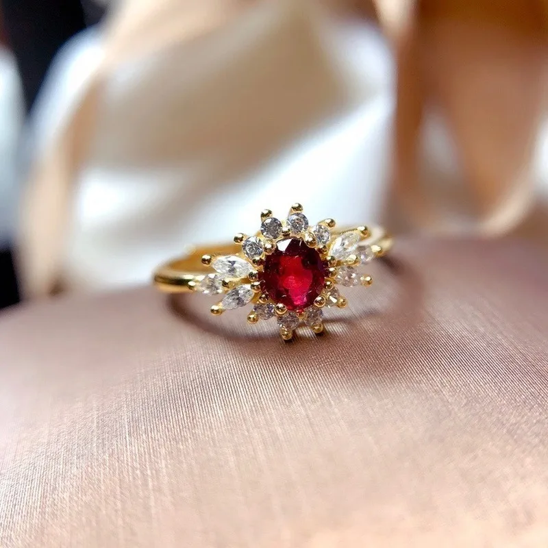 

New 24K Gold Plated Exquisite Simulation Red Tourmaline Zircon Rings For Women Elegant Open Rings Wedding Engagement Jewelry