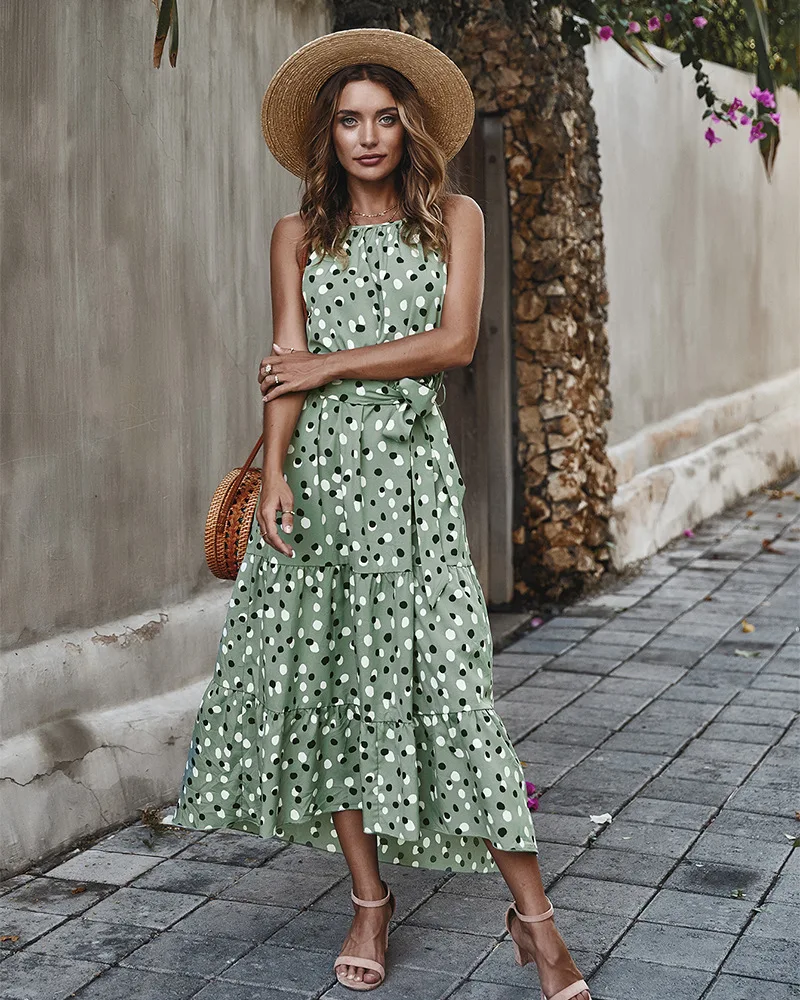 

New Summer Sleeveless Polka Dot Dress, Bohemian Dress,Fashion Simple Style Below Ankle