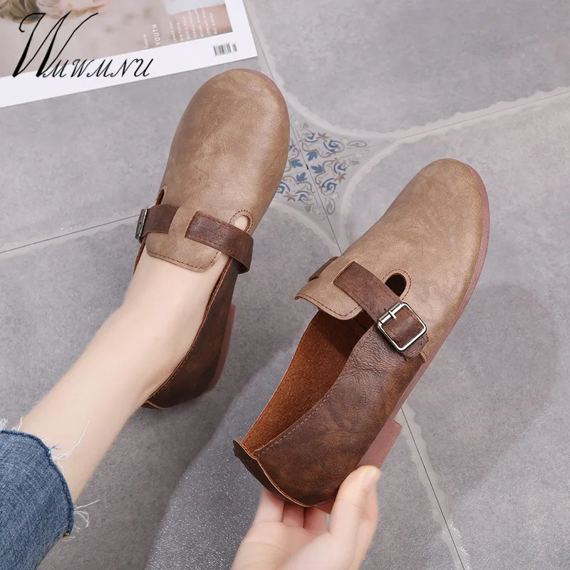 Туфли женские винтажные из мягкой кожи удобные рабочие лоферы без застежки