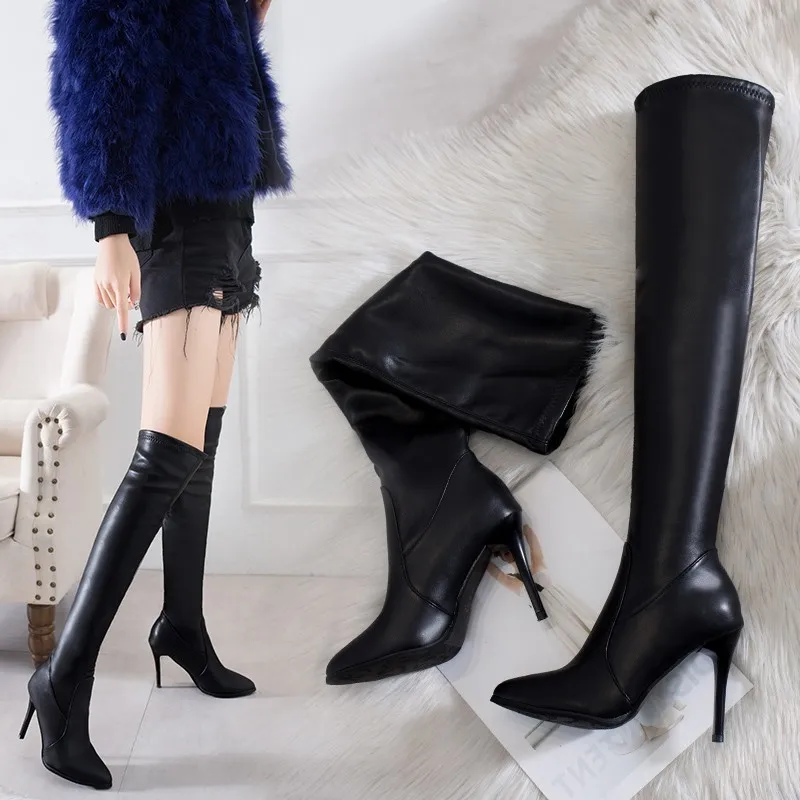 

in knee autumn and winter boots show thin leather New over boots, thin heel women's boots with plush fashion and high heel