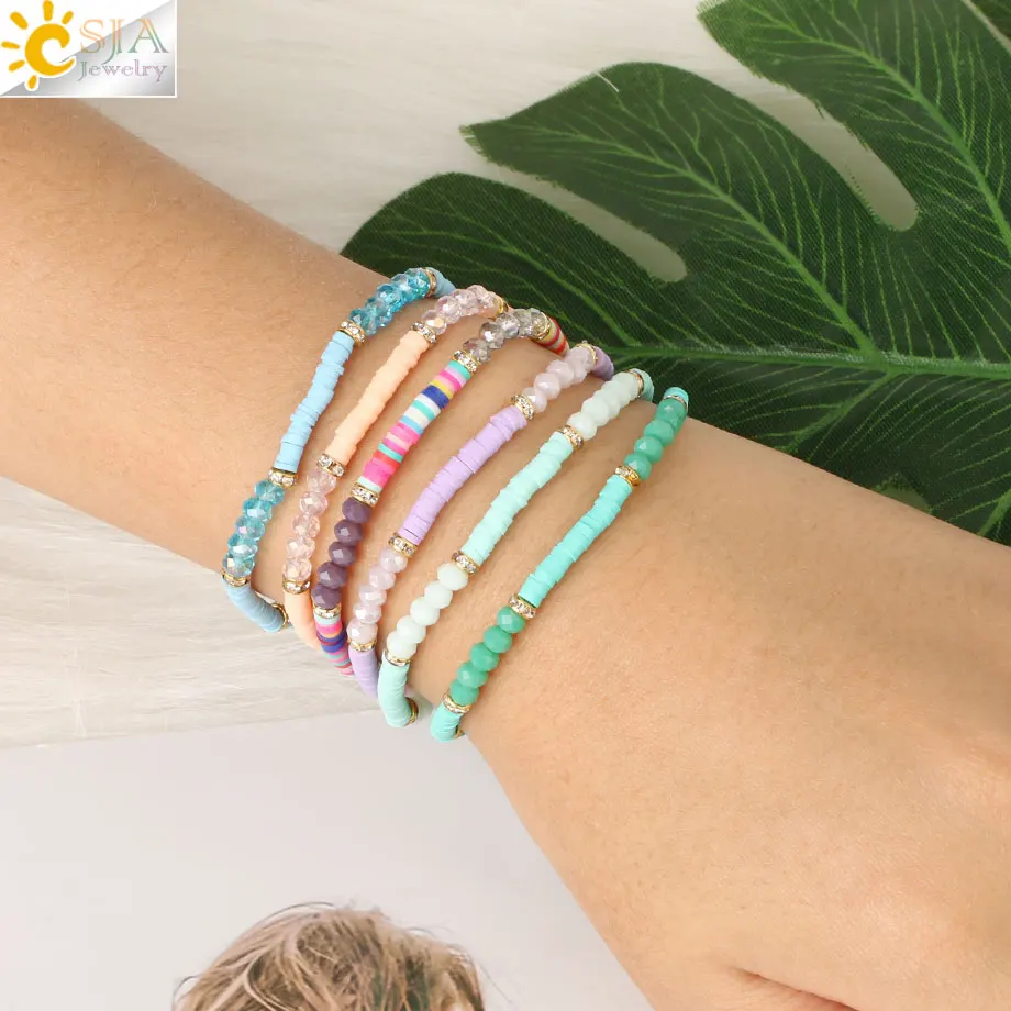 Простые граненые браслеты CSJA с кристаллами и бусинами женский эластичный