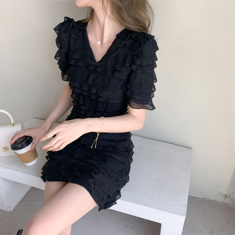 

Women Dress Plus Size Fashion V-neck A-line Above Knee, Mini Stitching Laminated Frill Short Sleeve 2021