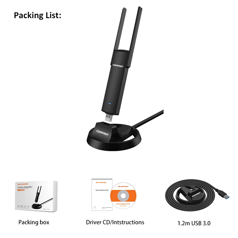 Черный COMFAST USB Wifi адаптер 1900 Мбит/с 2,4 ГГц и 5,8 ГГц двухдиапазонный wifi ключ подключи и играй AC сетевая карта USB Wifi антенна CF-939AC - Цвет: Черный