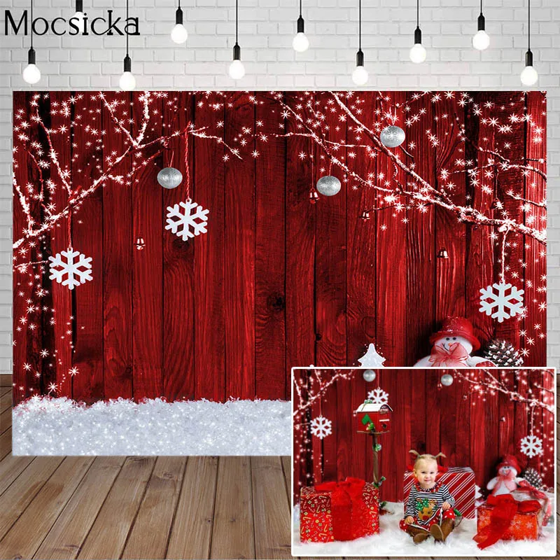 

Christmas Theme Backdrop Snowflake Gift Snowman Tree Branch Pine Tree Model Red Wooden Photography Background For Photo Studio