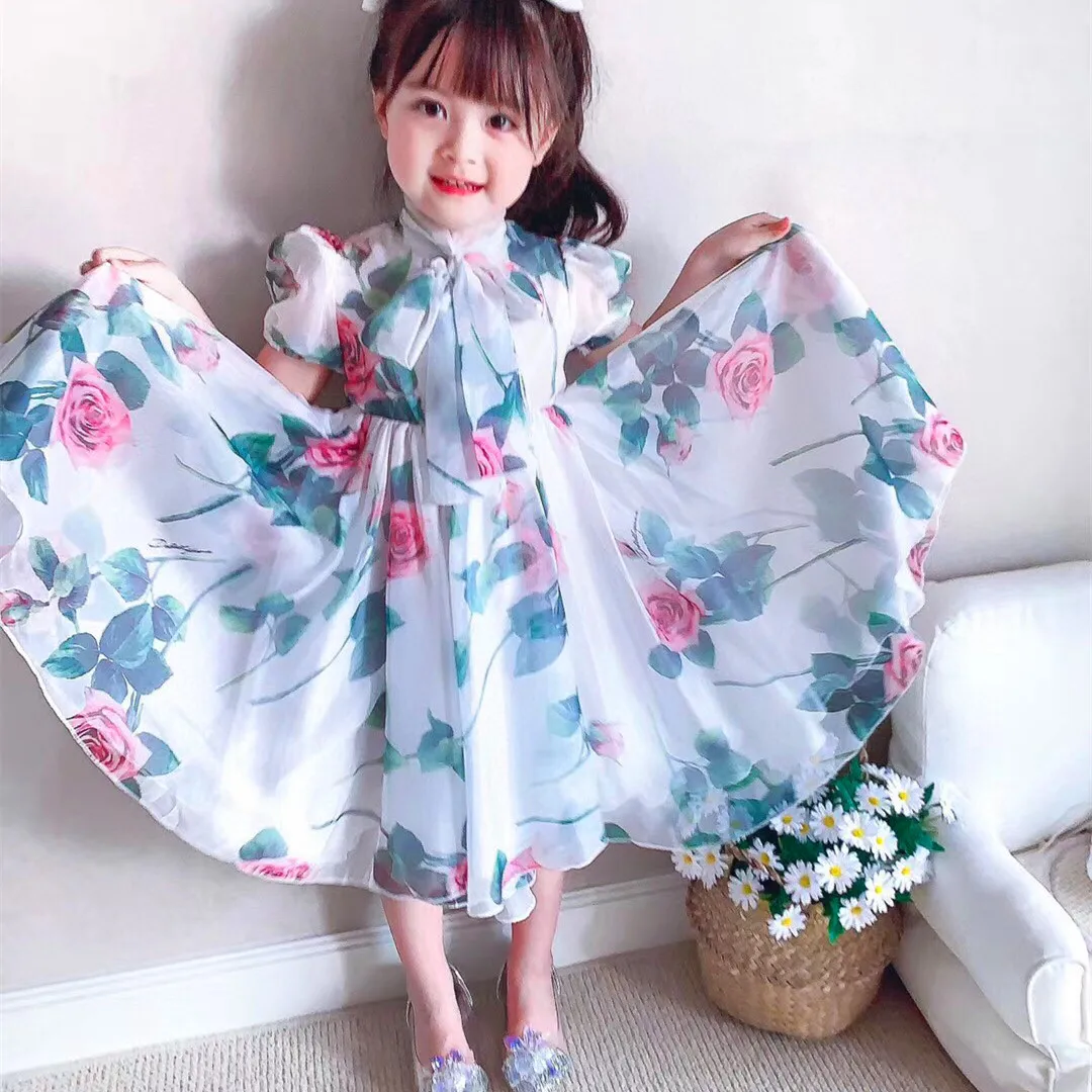 

2021 New style White Flower Children Bow Girls Dress Summer Girl Botton Front Cotton Dress 90-160cm 2 3 4 6 8 10 12 14Years