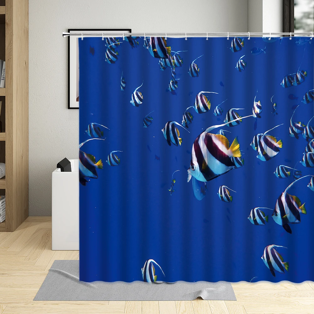 

Underwater World Shower Curtains Ocean Animal Shark Fish Bathroom Decor Home Bathtub Waterproof Polyester Curtain Set With Hooks
