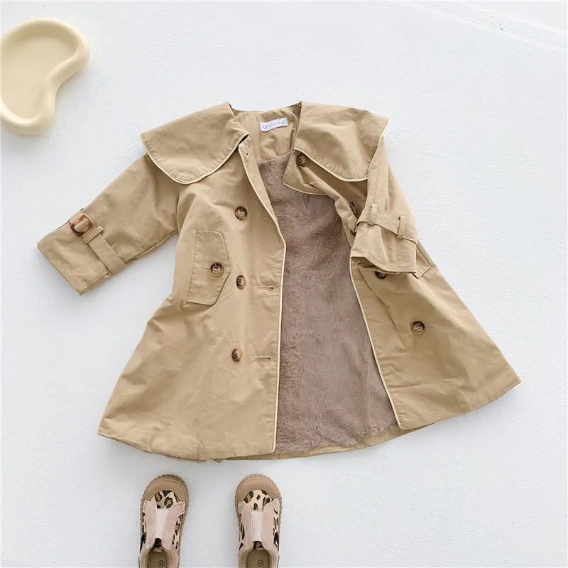 

Детская флисовая куртка DFXD, зимняя длинная двубортная куртка с искусственным мехом внутри для девочек, цвет хаки, ветровка