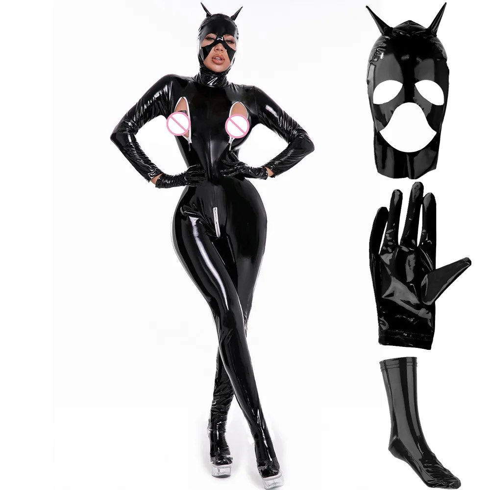 

Women Sexy Latex Catsuit with Mask Gloves Black Faux Leather Stretchy Wetlook PVC Jumpsuit Nightclub Sexy Cosplay Cat Costumes