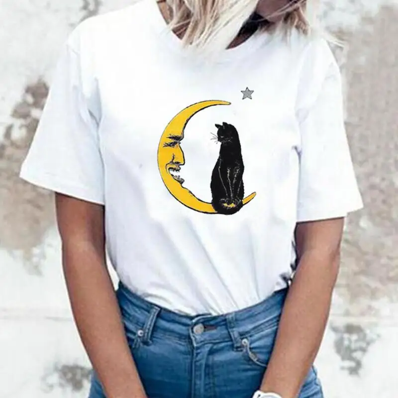 

Funny Carry Moon's Face with Black Cat Women T-shirt Summer Fashion Short Sleeve Shirt Tee Shirt Femme Casual T Shirt Women Tops