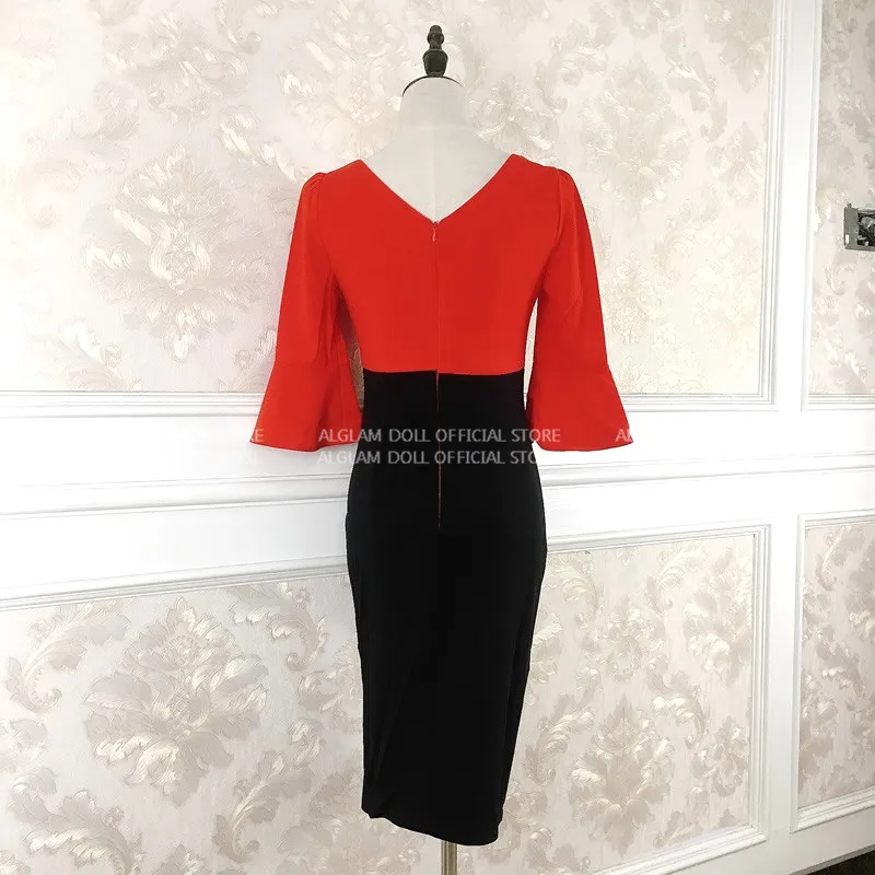 Женское облегающее платье карандаш составного кроя с высокой талией красного и