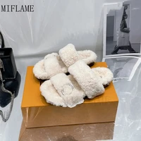 2021 female new flat wool slippers fashion casual women metal decoration hollow out slippers open toe hairy wool outdoor slipper