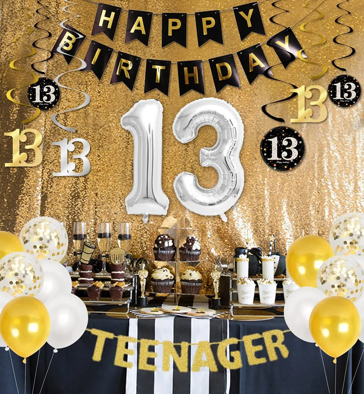 13th Birthday Decorations with Black Gold 13th Banner Hanging Swirl 13 Foil Balloons for Boys Girls Birthday Party Supplies