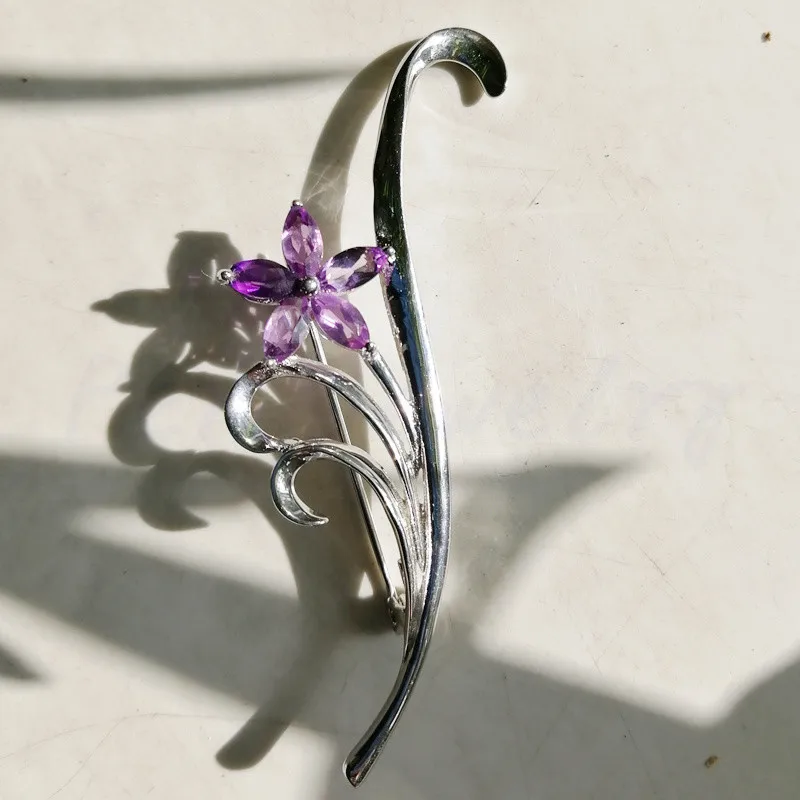 Натуральный Аметист цветок стиль брошь булавки Бесплатная доставка Серебро 925