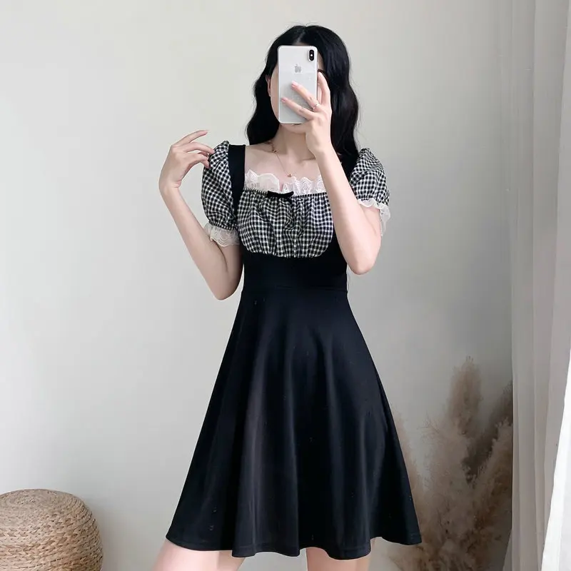 

Summer Girls Black White Patchwork Design Fake 2 Pieces Dresses Puff Short Sleeve Lace Square Neck Length Gingham Robe Women 4XL