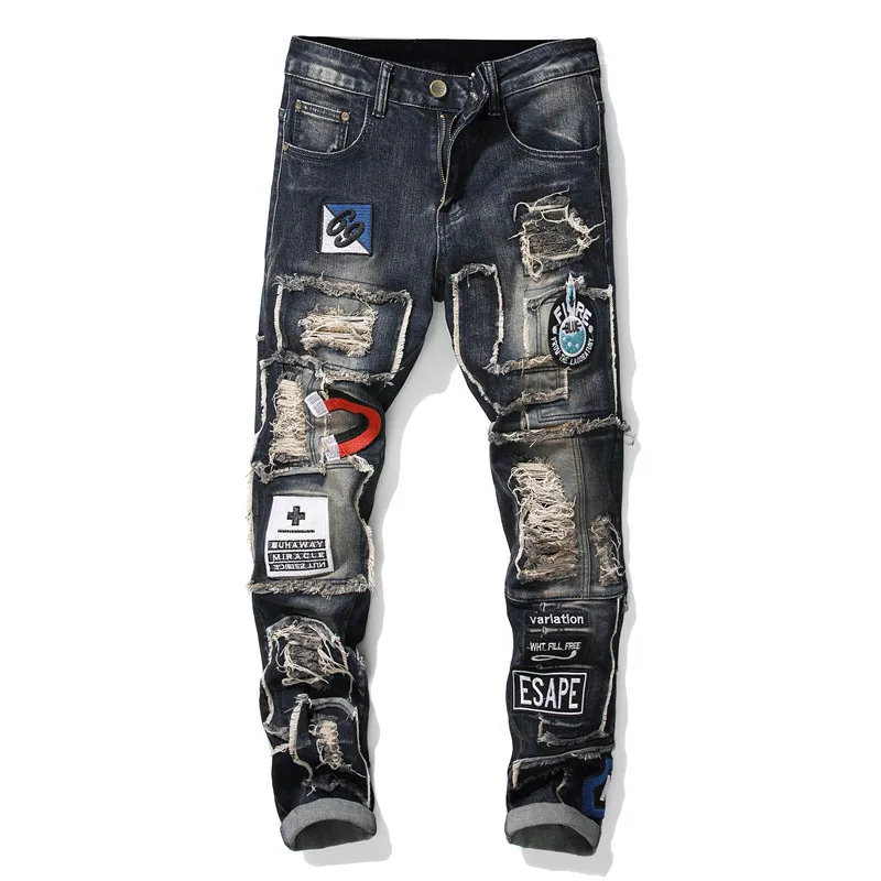 

Design new fashion men's pants men's hole sticking elastic small straight leg elastic jeans