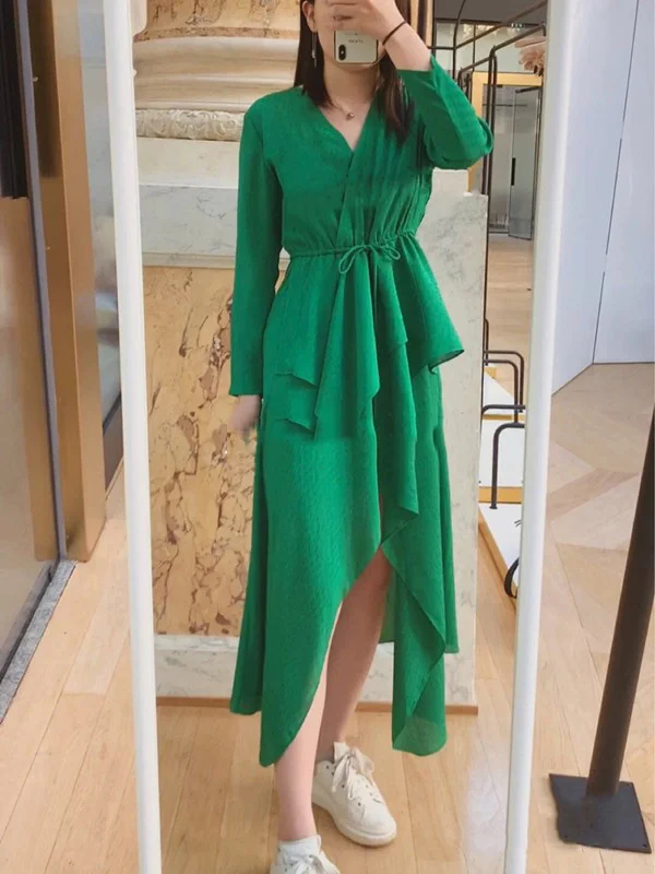 

Women's summer dress green deep V-neck irregular lace elegant French brand maxi party dress female
