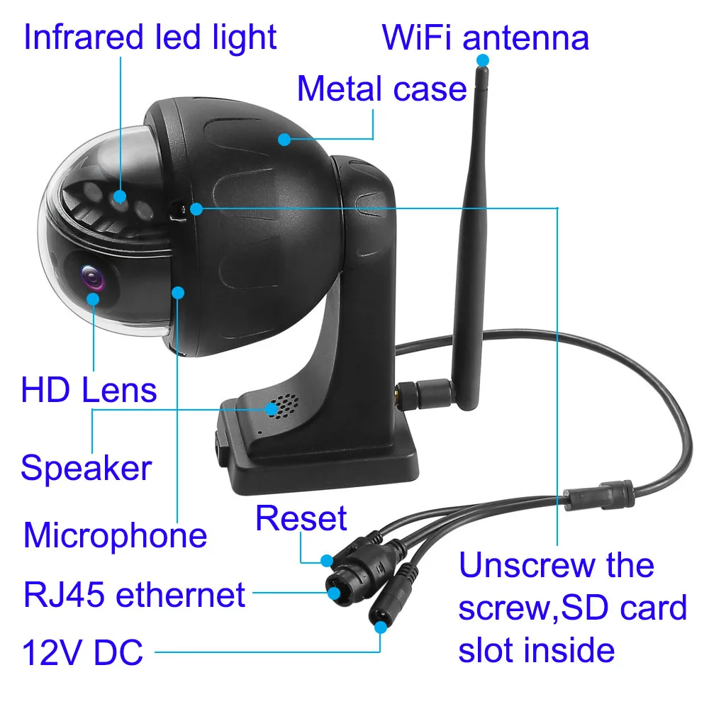 exterior metal waterproof hd 5mp auto tracking black dome ip camera wifi ptz 5x zoom wireless infrared cctv audio sd card record free global shipping