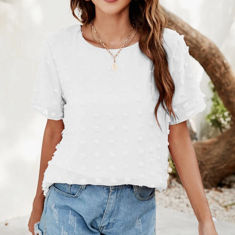 

Womens Chiffon Blouse Summer Casual Round Neck Short Sleeves Pom Shirts Tops