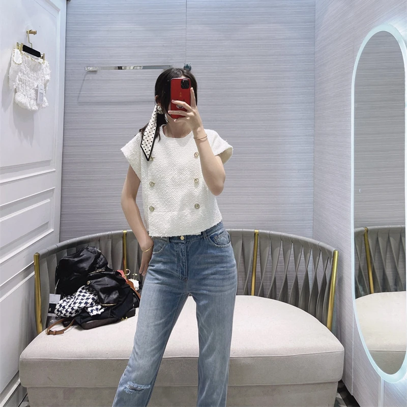 

High Quality Women Fashion Waistcoats Double-breasted Tweed Oversize Vests Elegant Clothes for Female