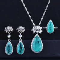 new 925 sterling silver paraiba tourmaline gemstone pendant necklace long drop earrings wedding rings fine jewelry set for women