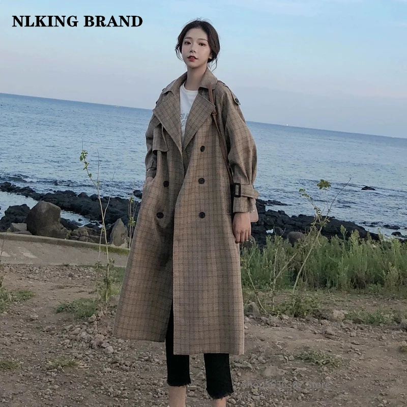

Korean Windbreaker Checkered Long Double-Breasted Drawstring Oversized Loose Women's Rag Coat Over-The-Knee Early Autumn Coat