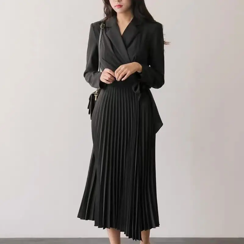 

Spring Temperament Notched Long Sleeve Women Long Dress Slim Waist Pleated Vestidos Mujer Elegant Solid Femme Robe Design