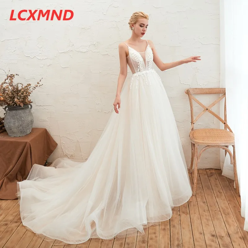 Spaghetti Straps Wedding Dresses 2019 Sweep Train Sexy Open Back Bridal Gowns Vestido De Noiva Illusion V Neck Gown | Свадьбы и