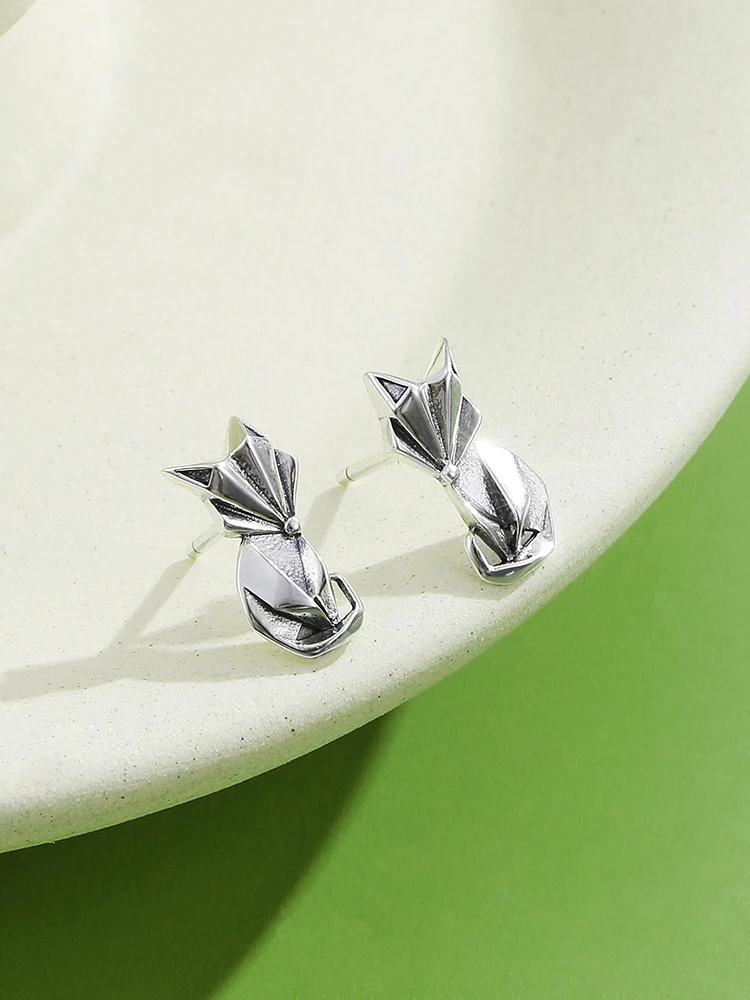 

INALIS Genuine 925 Sterling Silver Vintage Fox Animal Stud Earrings For Women Geometric White Earring Anniversary Fine Jewelry