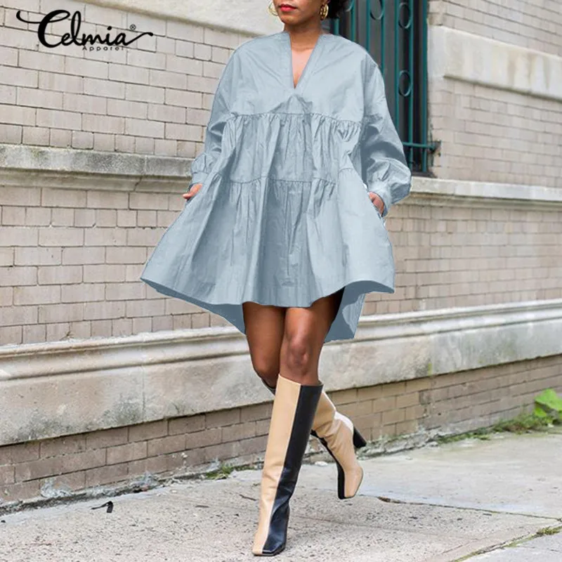 

Celmia Bohemian Women Ruffled Dress 2021 Autumn Fashion Long Sleeve Swing Party Mini Sundress Casual V-Neck Solid Beach Vestidos