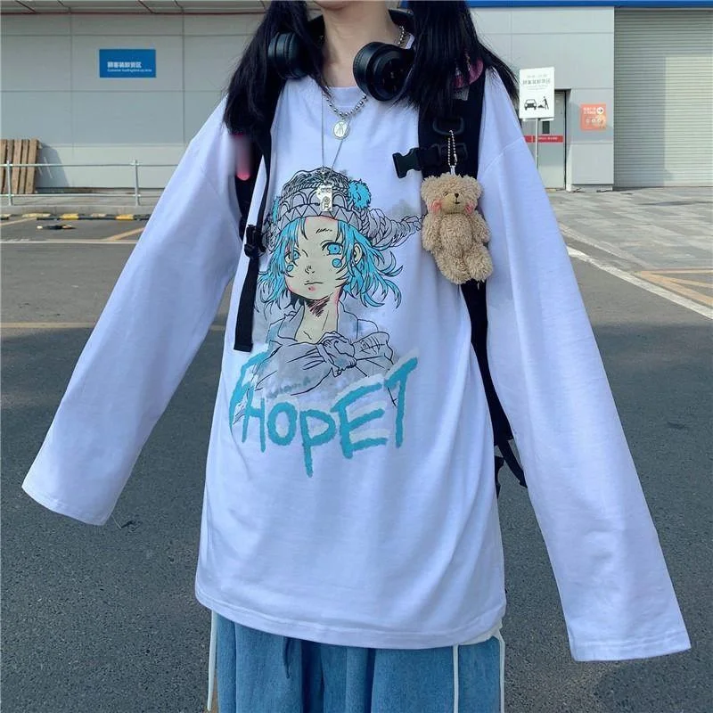 

Anime Print Long Sleeve T Shirt for Women Girl Spring Harajuku Kawaii Ulzzang Tshirt Graphic Tee Korean Clothes Clothing Tops