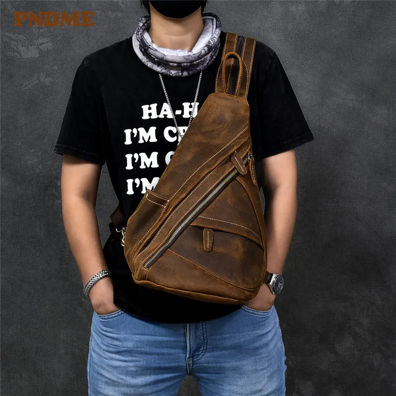 Vintage large-capacity multifunctional crazy horse cowhide men's chest bag casual design natural genuine leather crossbody bags