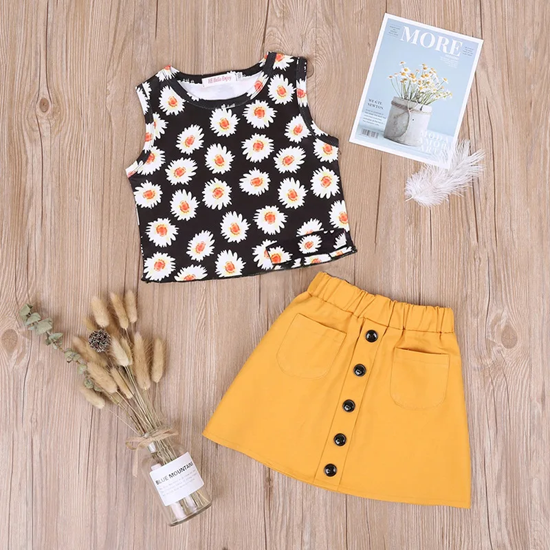 

Summer New Hot-Selling Children's Clothing Fashion 2021 Girl SetShort Sleeve Printing Top And Buttons Skirt Set 2-6Y