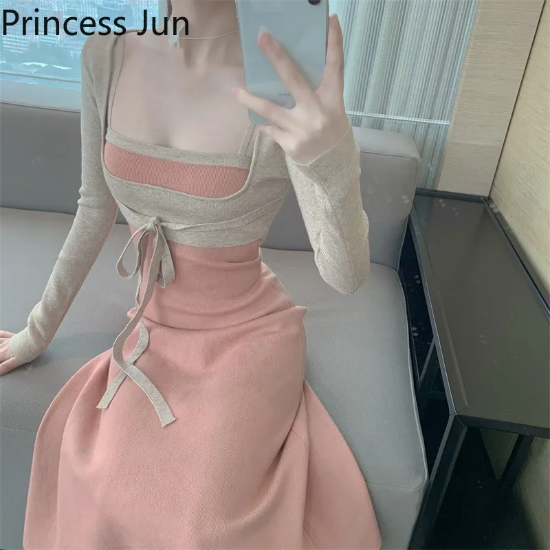 

Women 2021 NEW Fashion Sexy Knit Sling Dress 2 Piece Long Sleeve Crop Top&Strap A Line Dress Color Contrast Slim Bottoming Dress