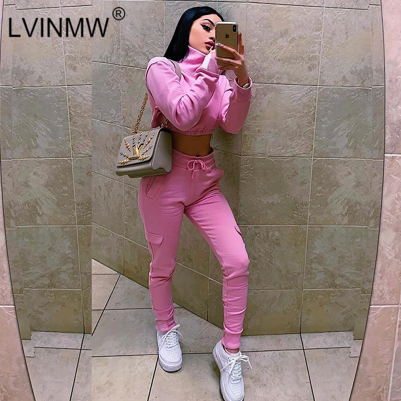 LVINMW Повседневный розовый тонкий комплект из двух предметов водолазка на молнии