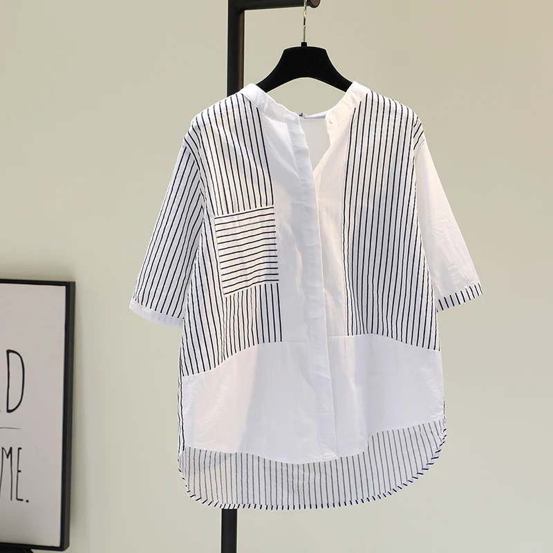 

2021 Summer Blue Striped Single Pocket Cotton Linen Shirt Women New Fresh Half Sleeve Shirt Artistic Top Fashion Simple Blusas