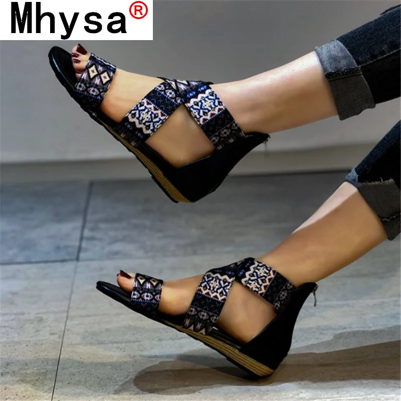

2021 Women Sandals Fashion Summer Retro Zipper Printing Women Flat Sandals Non-slip Outdoor Comfortable Beach Open Toe Sandals