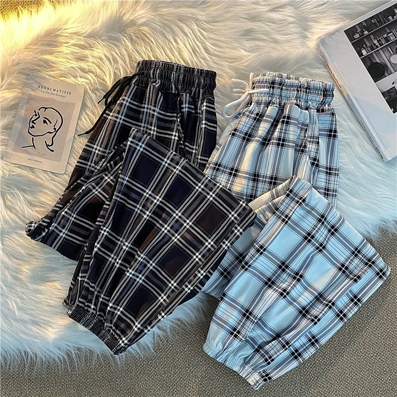 

Pants Women New Bunch of feet Fashion Plus Size Black Plaid Summer Harajuku Students Streetwear Harem Long Trousers Womens Chic