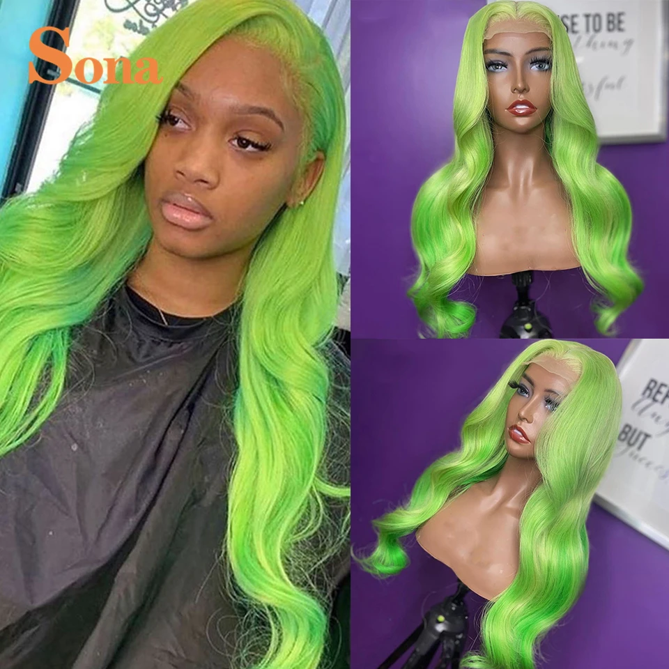 

Green Hair Color Wig Body Wave Preplucked Neon Green Lace Front Human Hair Wig 180% Virgin Transparent Lace Frontal Wigs