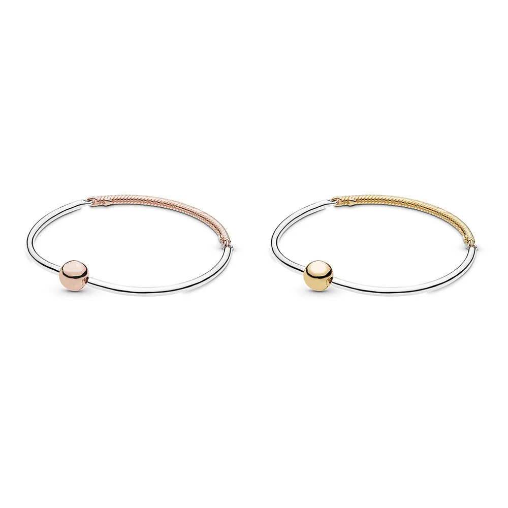 

925 Sterling Silver Bracelets Rose Gold Round Buckle Snake Chain Bangles Fit For Women Original Charm Beads Jewelry