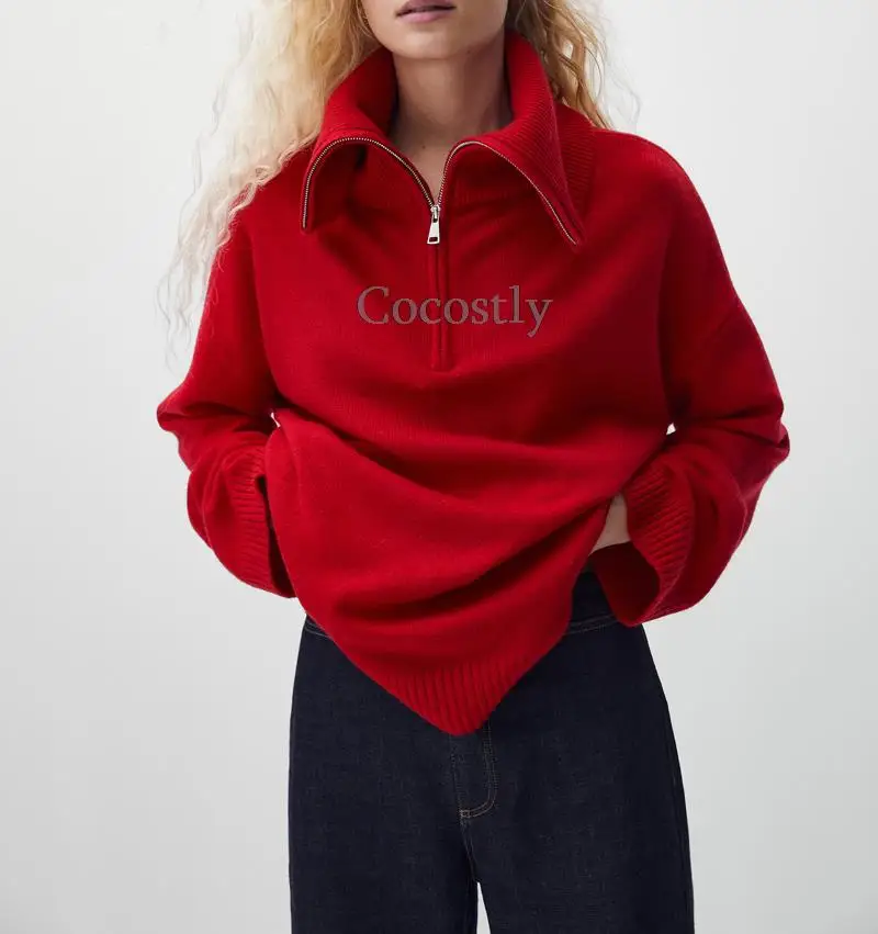 Новинка 2022 красный Однотонный женский вязаный свитер на молнии с высоким