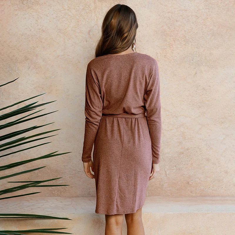 

Irregular Belt Dress Long Sleeve O Neck OL Casual Elegant Women's Dress Summer Bodycon Clothing