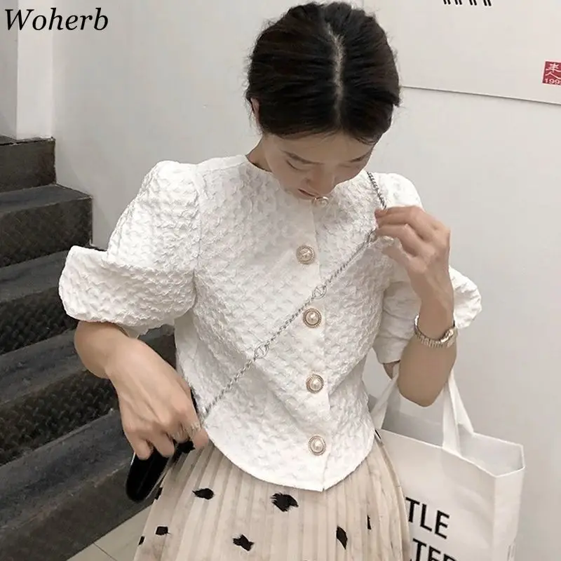Женская блузка с коротким рукавом Woherb белая Элегантная укороченная рубашка