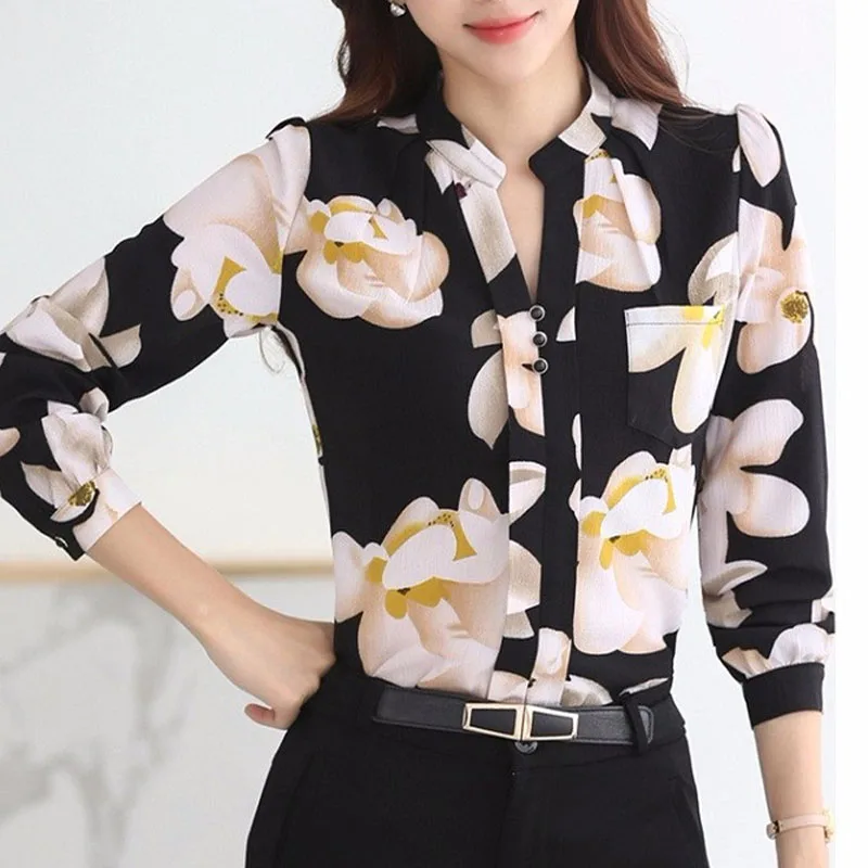 

2021 Ladies Tops V-Neck Slim Chiffon Blouse Shirt Office Work Wear Women Shirts Plus Size Blusas new Fashion Women Tops