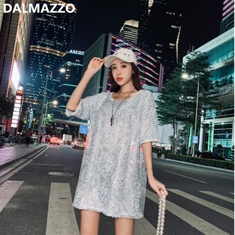 

Women Print Sequins Loose T Shirt Dresses New Summer Students Fashion Short Sleeve Straight Mini Vestidos Clothes Femme