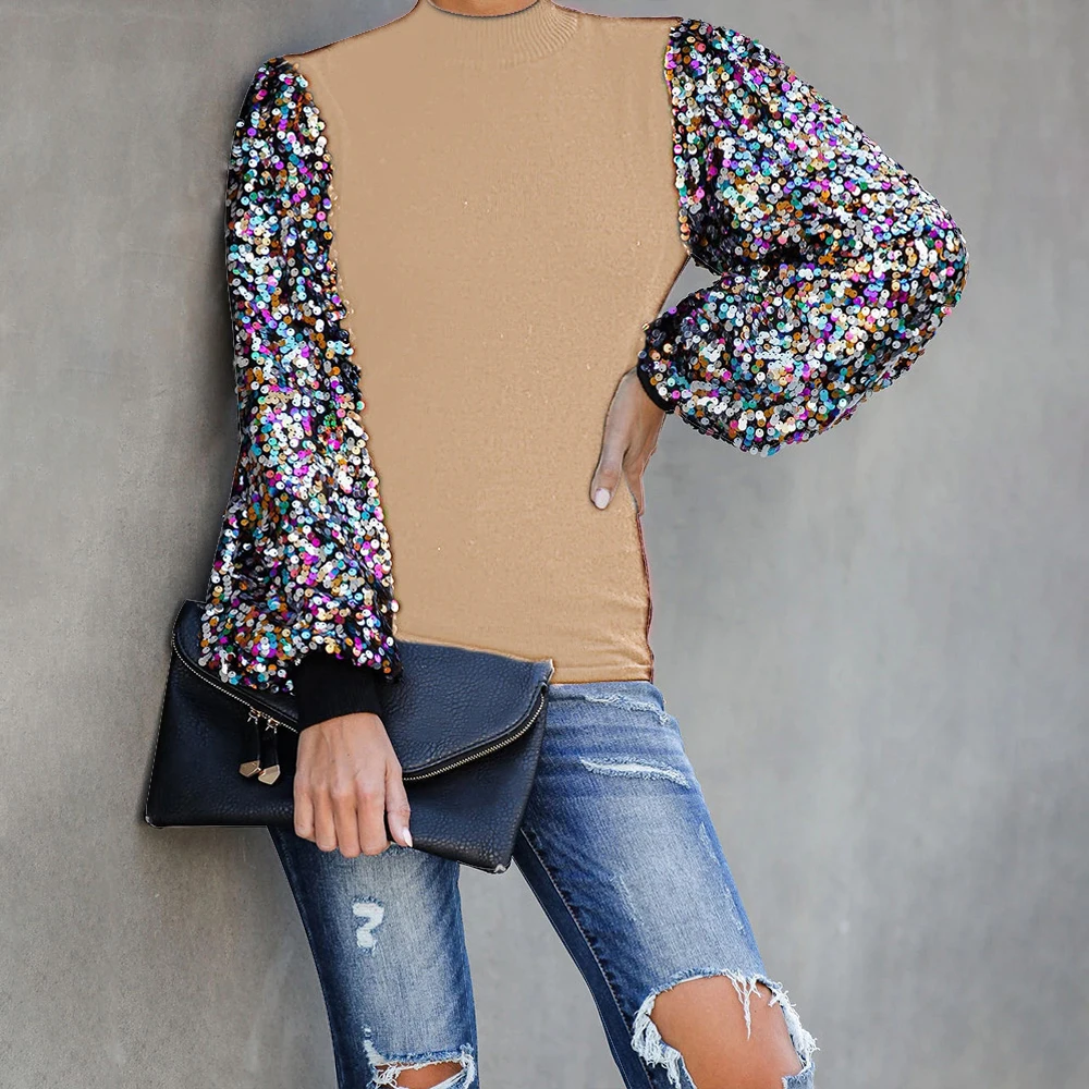 Bling Sequins Lady Tops Blouses Long Sleeve Patchwork Turtleneck Lantern Women And Shirt Autumn Party Office | Женская одежда
