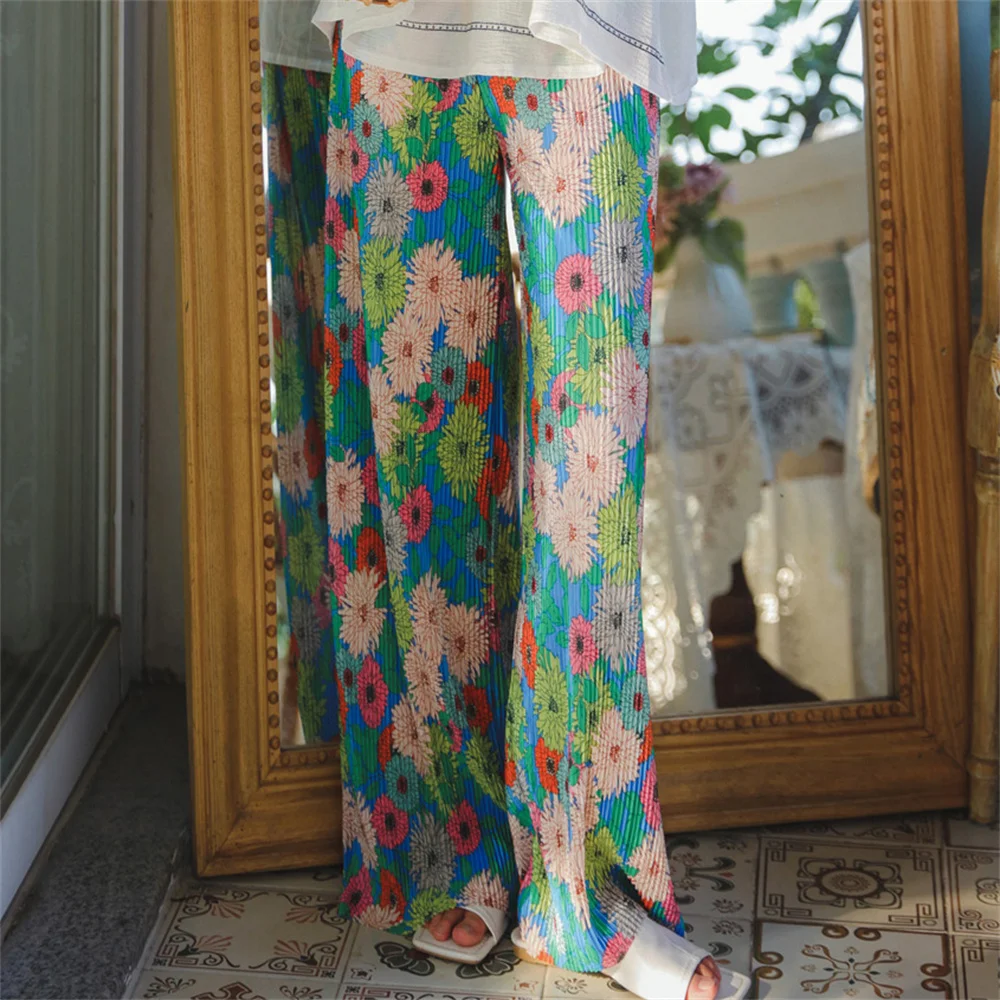 

HziriP Holiday Wide Leg Printed High Waist Chiffon Loose Trousers 2021 Chic Stylish Femme Bohemian Beach Summer Floral Pants