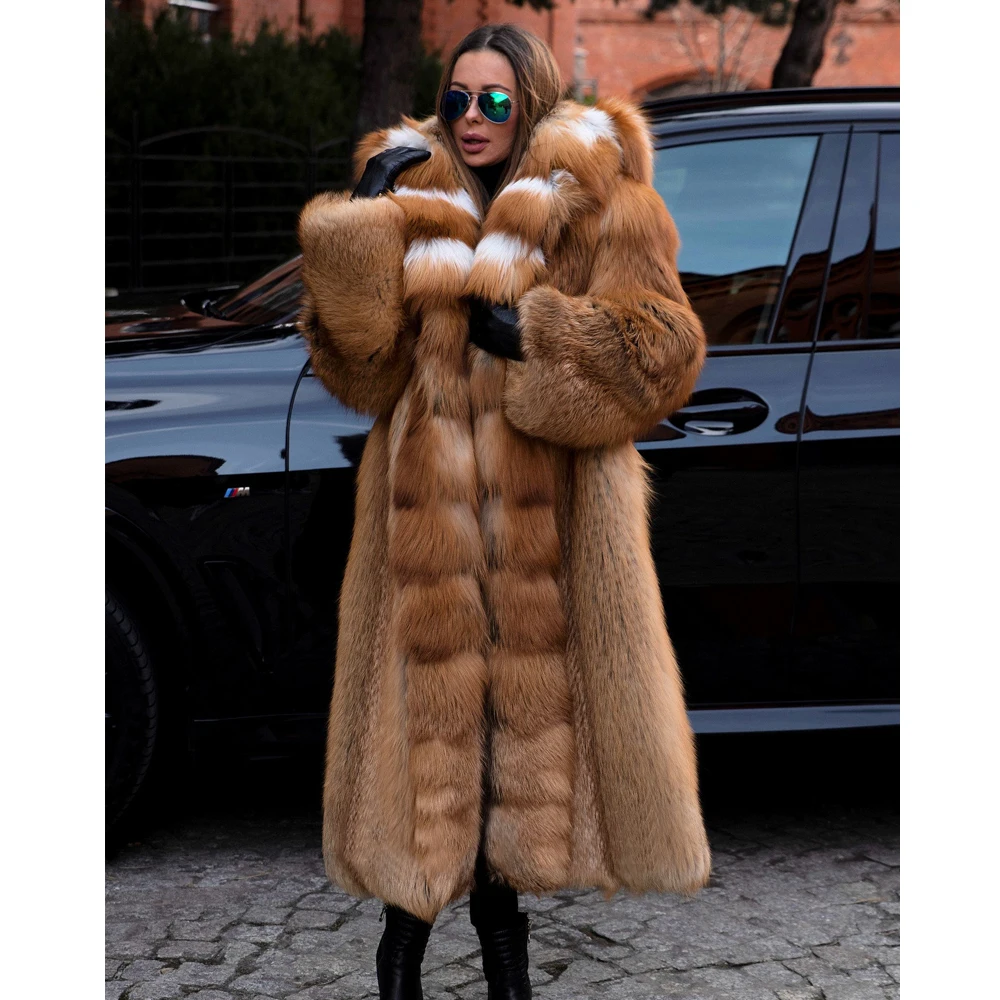Long Real Red Fox Fur Coats with Hood Natural Whole Skin Genuine Fox Fur Coat with Big Hood Thick Warm Fur Overcoat Luxury Woman enlarge