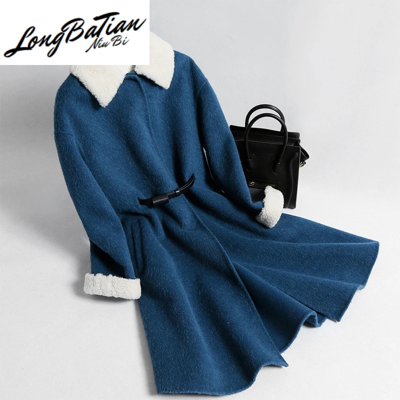 Женская мода шерсть ягненка меховой воротник Длинная куртка зимнее пальто